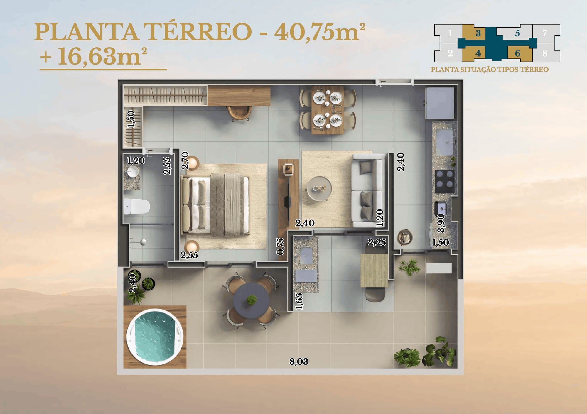 Planta baixa — Studio térreo, Studio com quintal exclusivo, 40,75 m² + 16,63 m² quintal