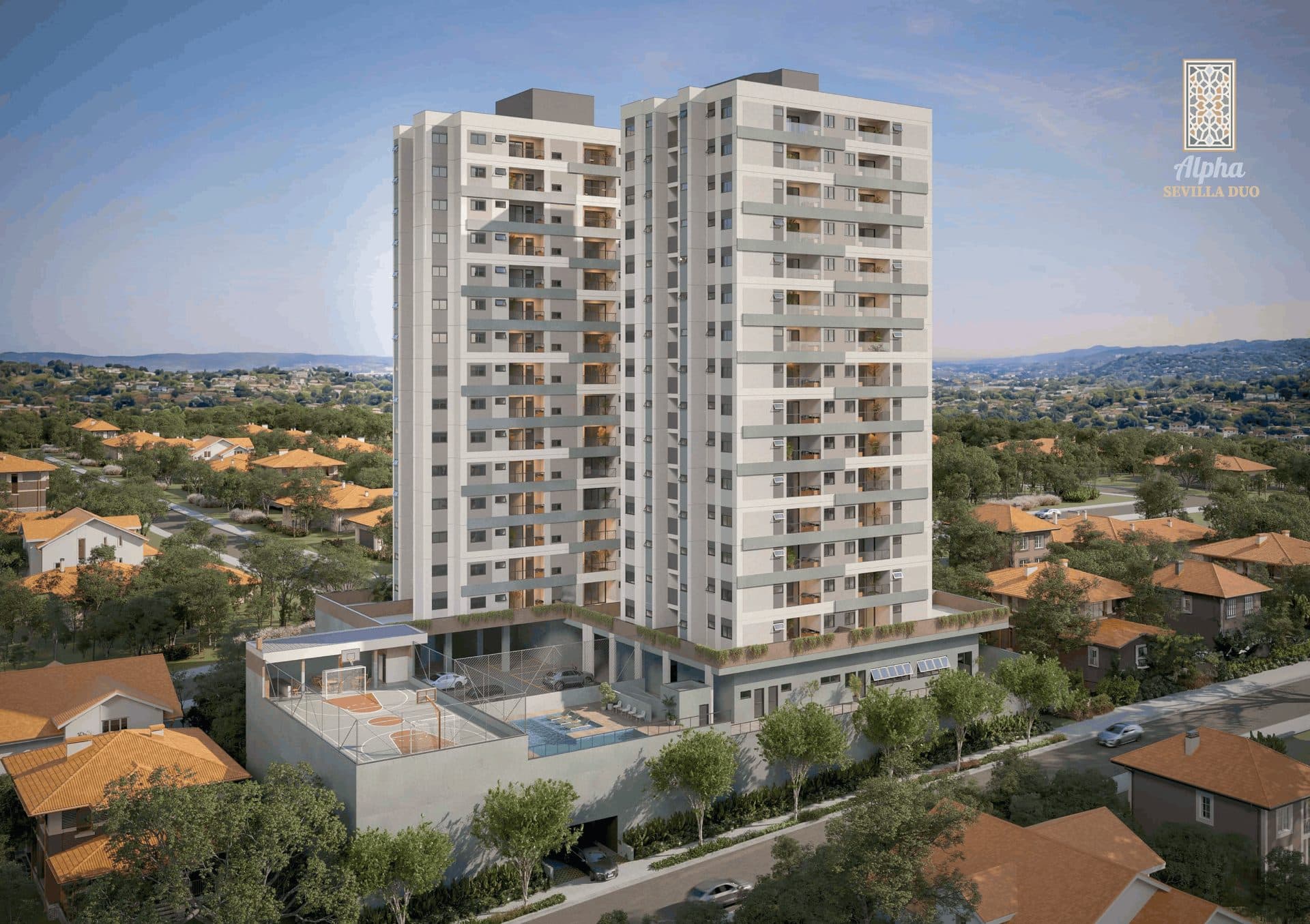 Fachada do Alpha Sevilla Duo, com as duas torres do empreendimento