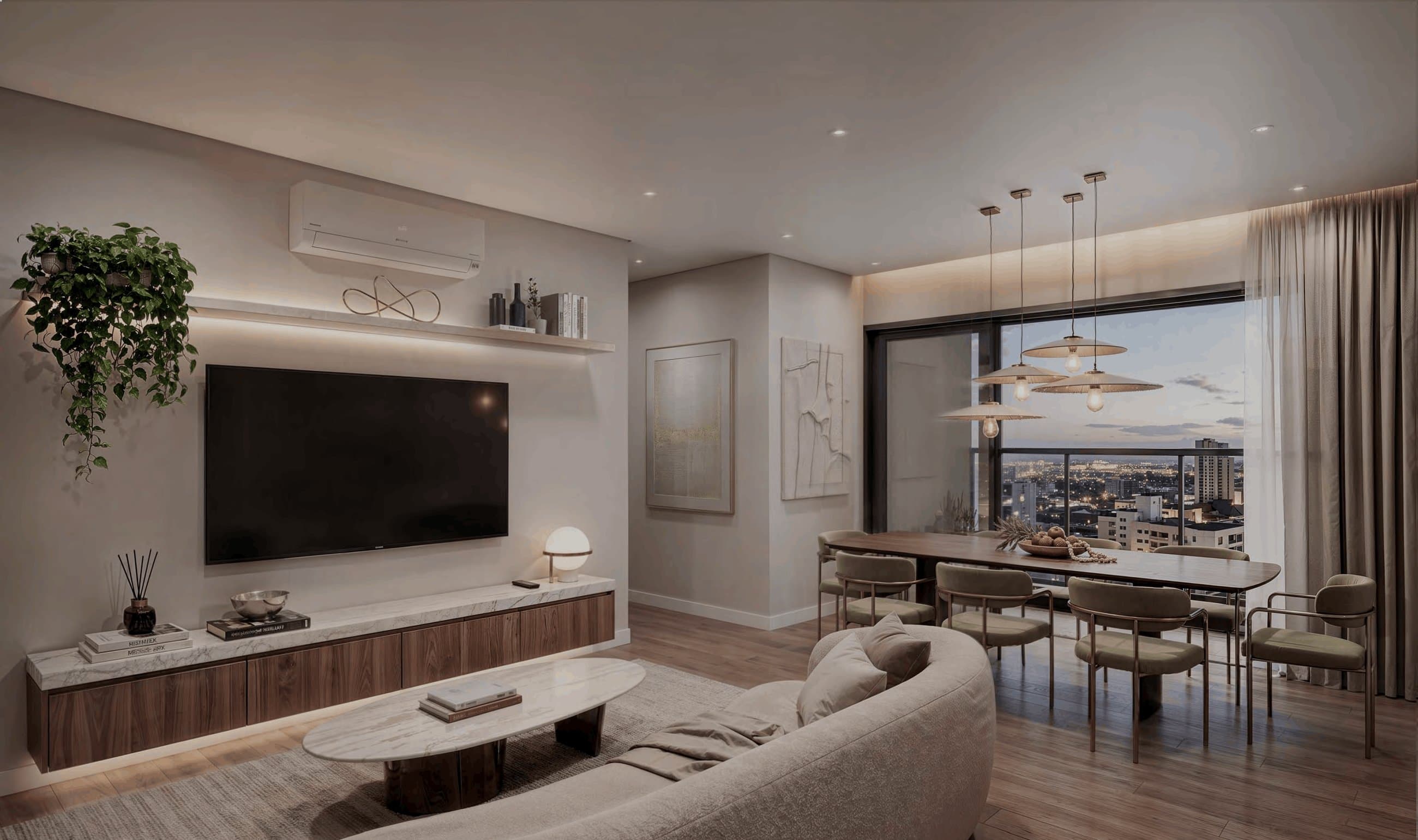 Living decorado do Alpha Sevilla Duo, com vista para Sorocaba ao entardecer