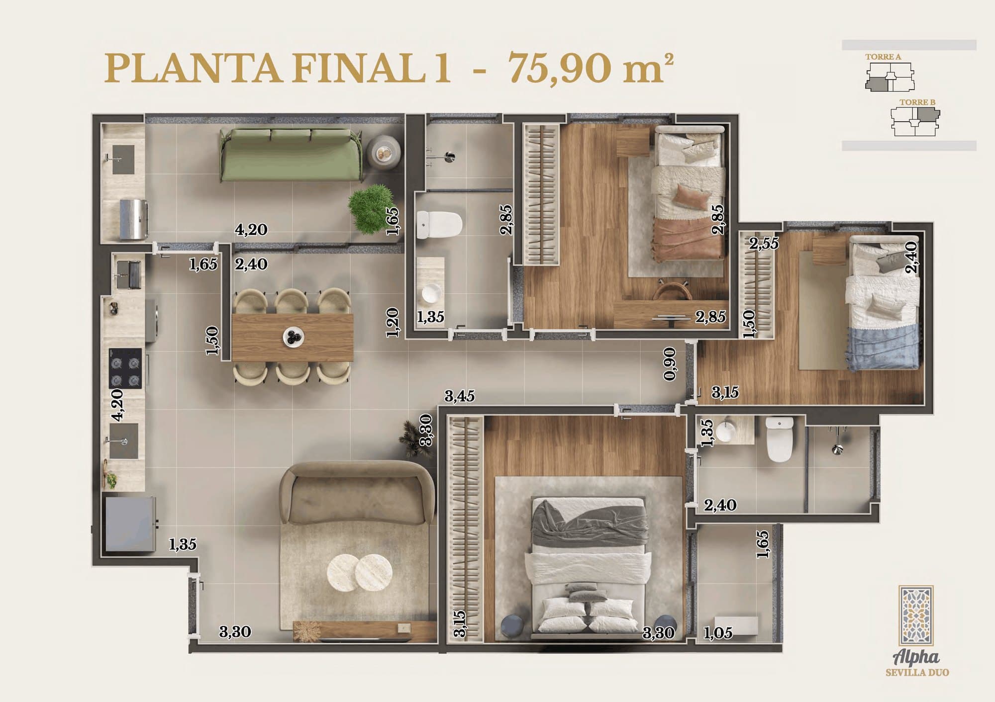 Planta baixa — Final 1 · 3 dorm., 3 dormitórios, 75,90 m²